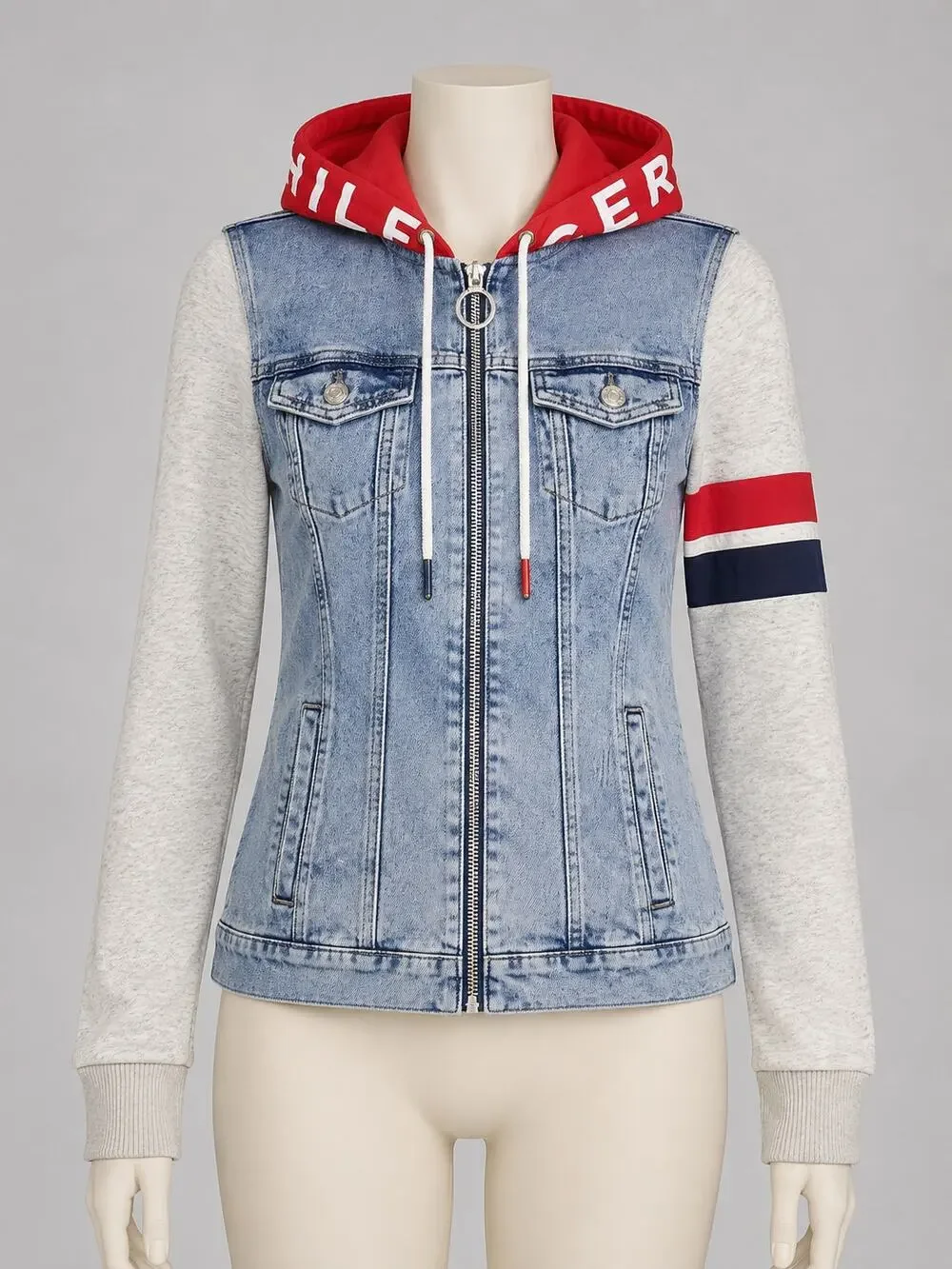 Tommy Hilfiger Denim Hoodie Jacket Vest Hybrid Womens XS Red Grey Y2K Trend